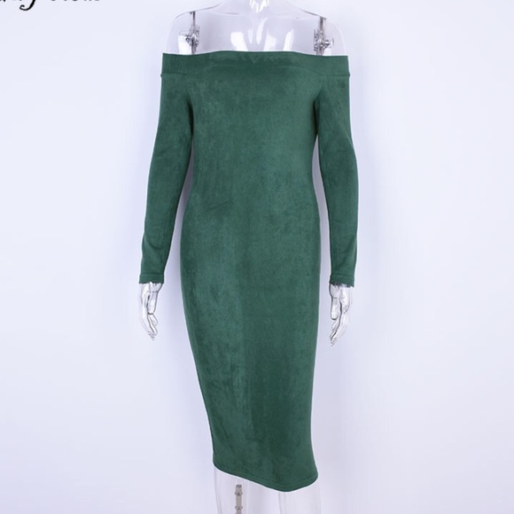 1 Left! Hunter Green Suede Off Shoulder Midi Dress - Picture 2 of 8